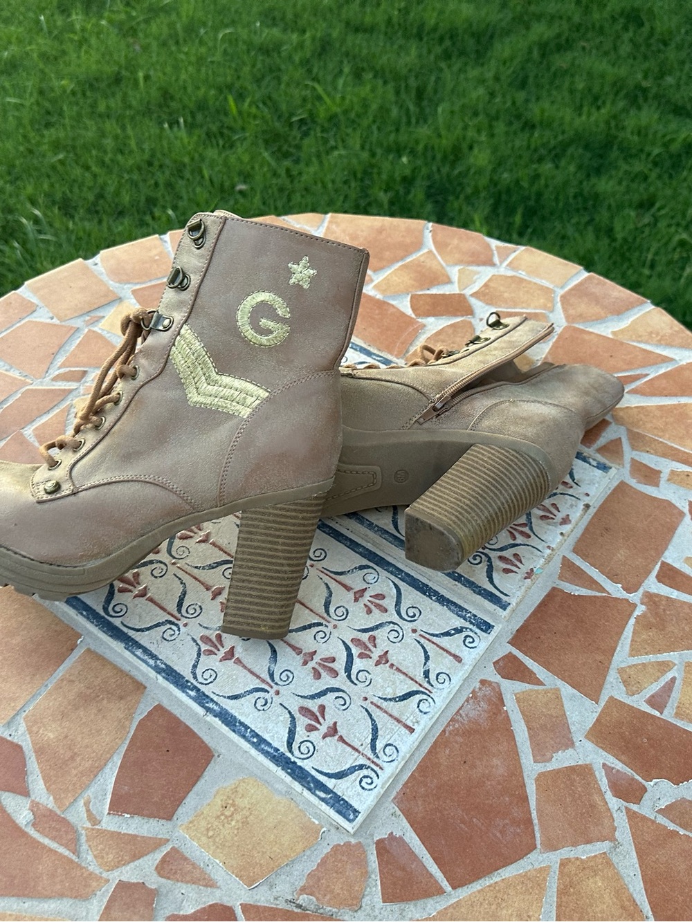 Guess Chunky Lace-Up Ankle Boots in Tan with Metallic Accent